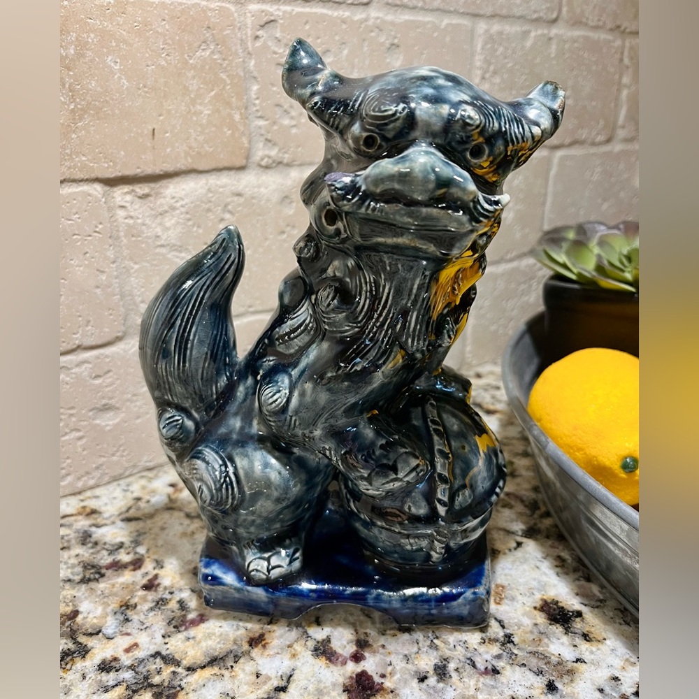 Ceramic Foo Dog Statue in Dark Blue